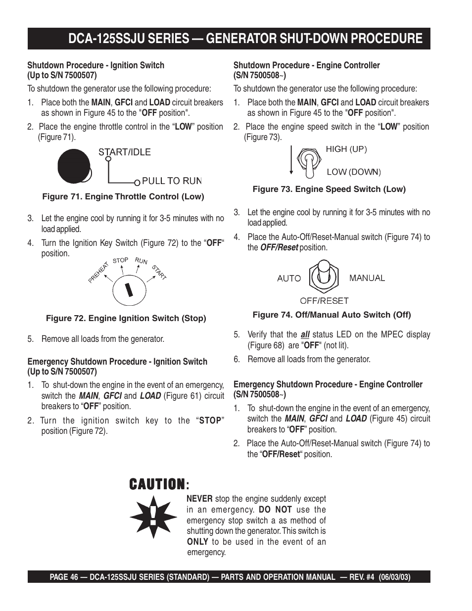 Dca-125ssju series — generator shut-down procedure, Caution, Caution caution | Multiquip MQ Power Portable Generator (Standard) DCA-125SSJU User Manual | Page 46 / 96