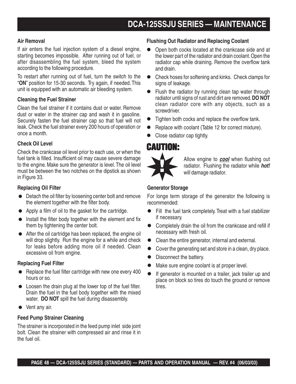 Dca-125ssju series — maintenance, Caution | Multiquip MQ Power Portable Generator (Standard) DCA-125SSJU User Manual | Page 48 / 96