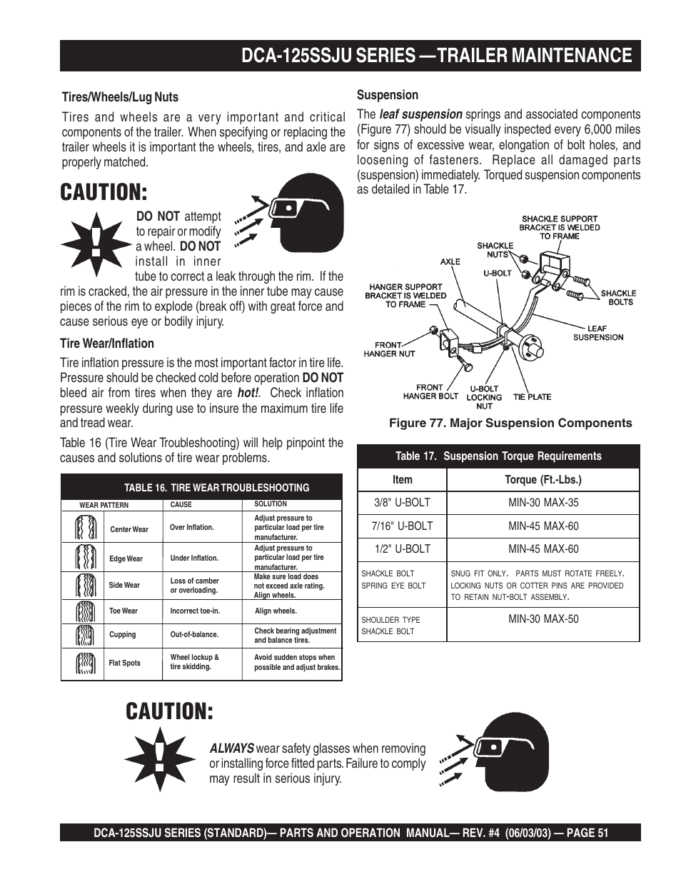 Caution, Dca-125ssju series — trailer maintenance | Multiquip MQ Power Portable Generator (Standard) DCA-125SSJU User Manual | Page 51 / 96