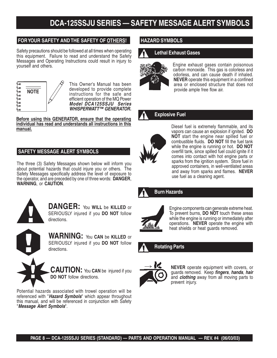 Danger, Warning, Caution | Dca-125ssju series — safety message alert symbols | Multiquip MQ Power Portable Generator (Standard) DCA-125SSJU User Manual | Page 8 / 96
