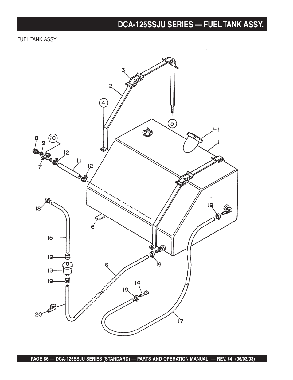 Dca-125ssju series — fuel tank assy | Multiquip MQ Power Portable Generator (Standard) DCA-125SSJU User Manual | Page 86 / 96