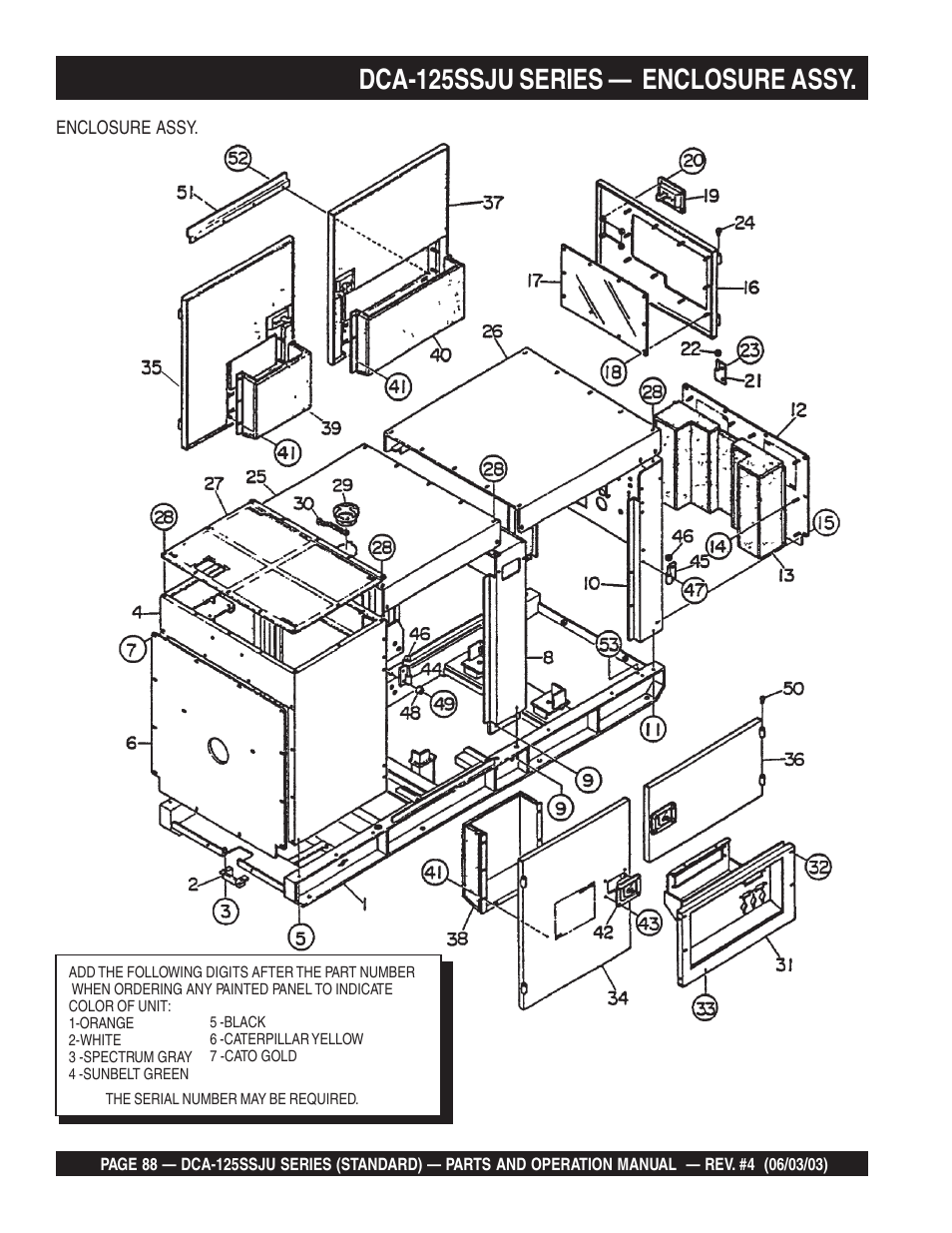 Dca-125ssju series — enclosure assy | Multiquip MQ Power Portable Generator (Standard) DCA-125SSJU User Manual | Page 88 / 96