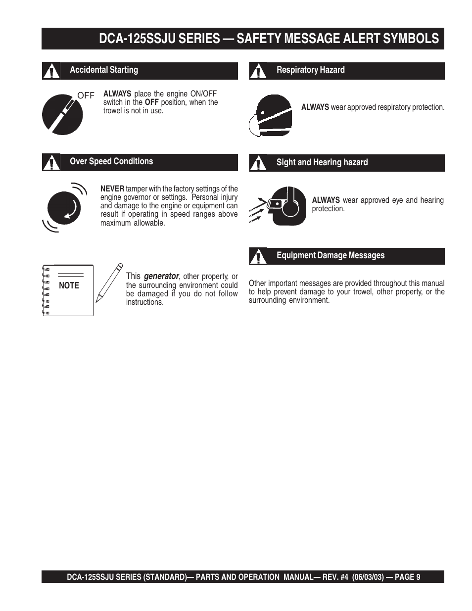 Dca-125ssju series — safety message alert symbols | Multiquip MQ Power Portable Generator (Standard) DCA-125SSJU User Manual | Page 9 / 96