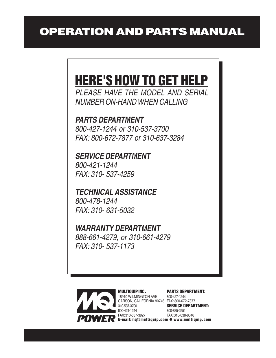 Here's how to get help, Operation and parts manual | Multiquip MQ Power Portable Generator (Standard) DCA-125SSJU User Manual | Page 96 / 96