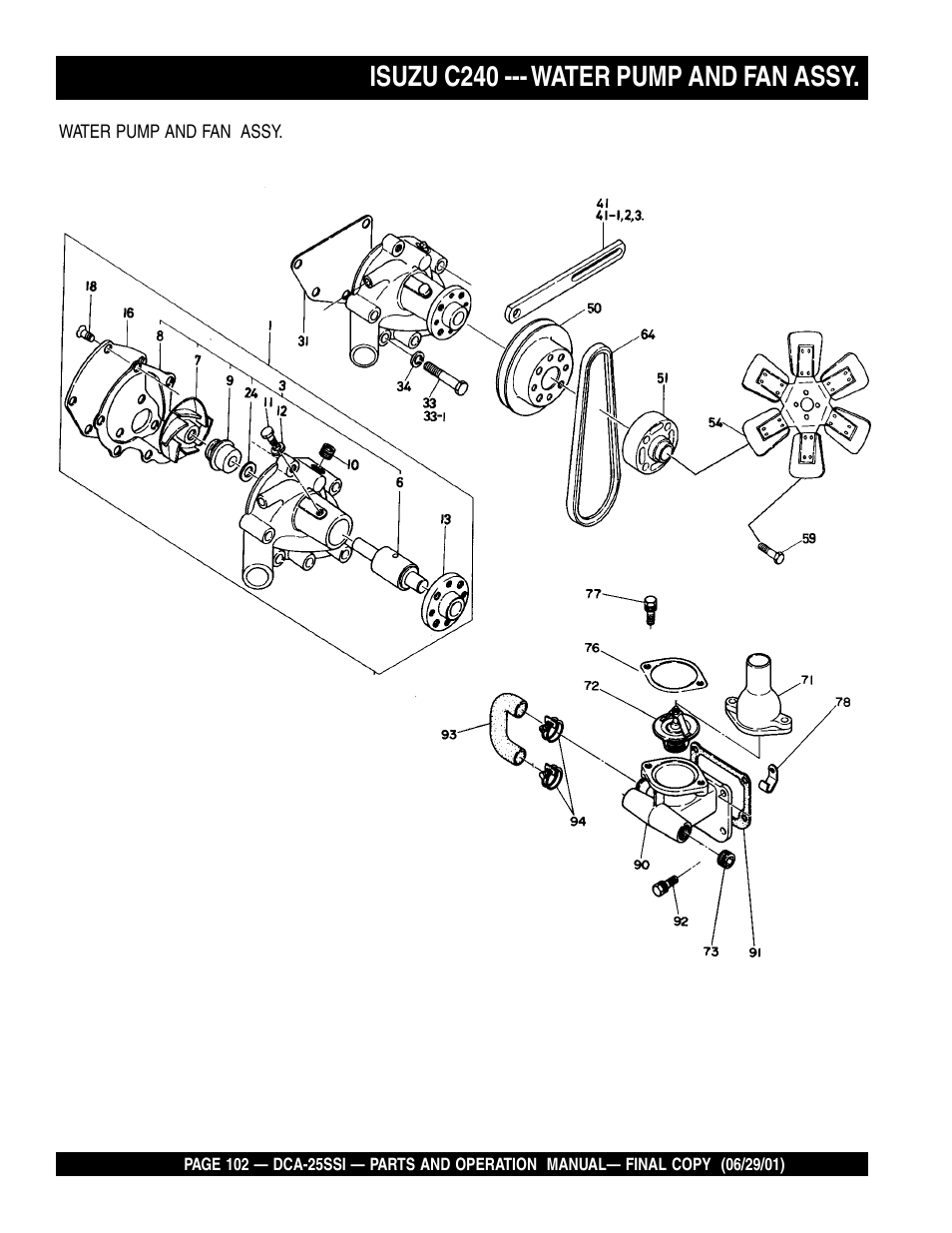 Isuzu c240 --- water pump and fan assy | Multiquip MQ Power Whisperwatt Generator DCA-25SSI User Manual | Page 102 / 140