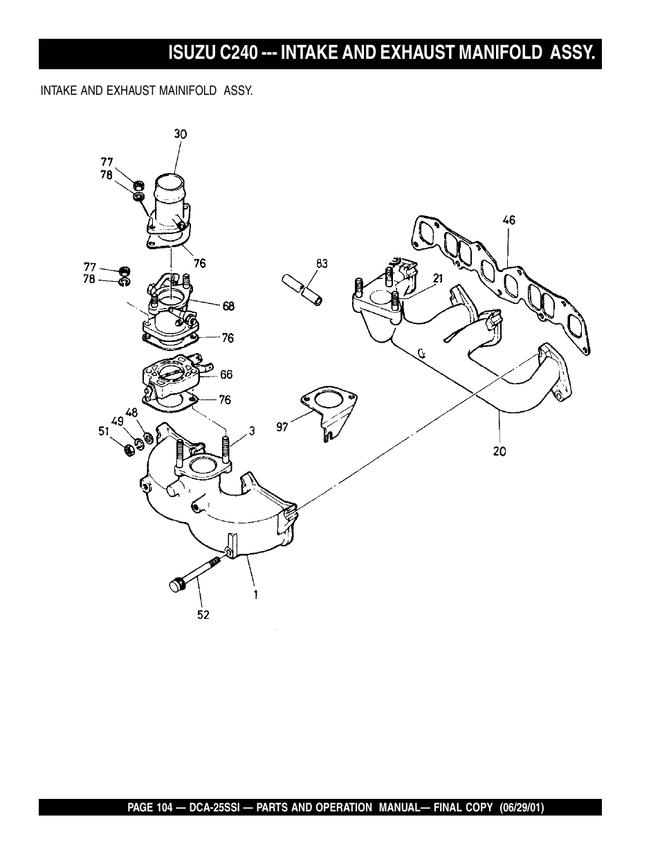 Isuzu c240 --- intake and exhaust manifold assy | Multiquip MQ Power Whisperwatt Generator DCA-25SSI User Manual | Page 104 / 140