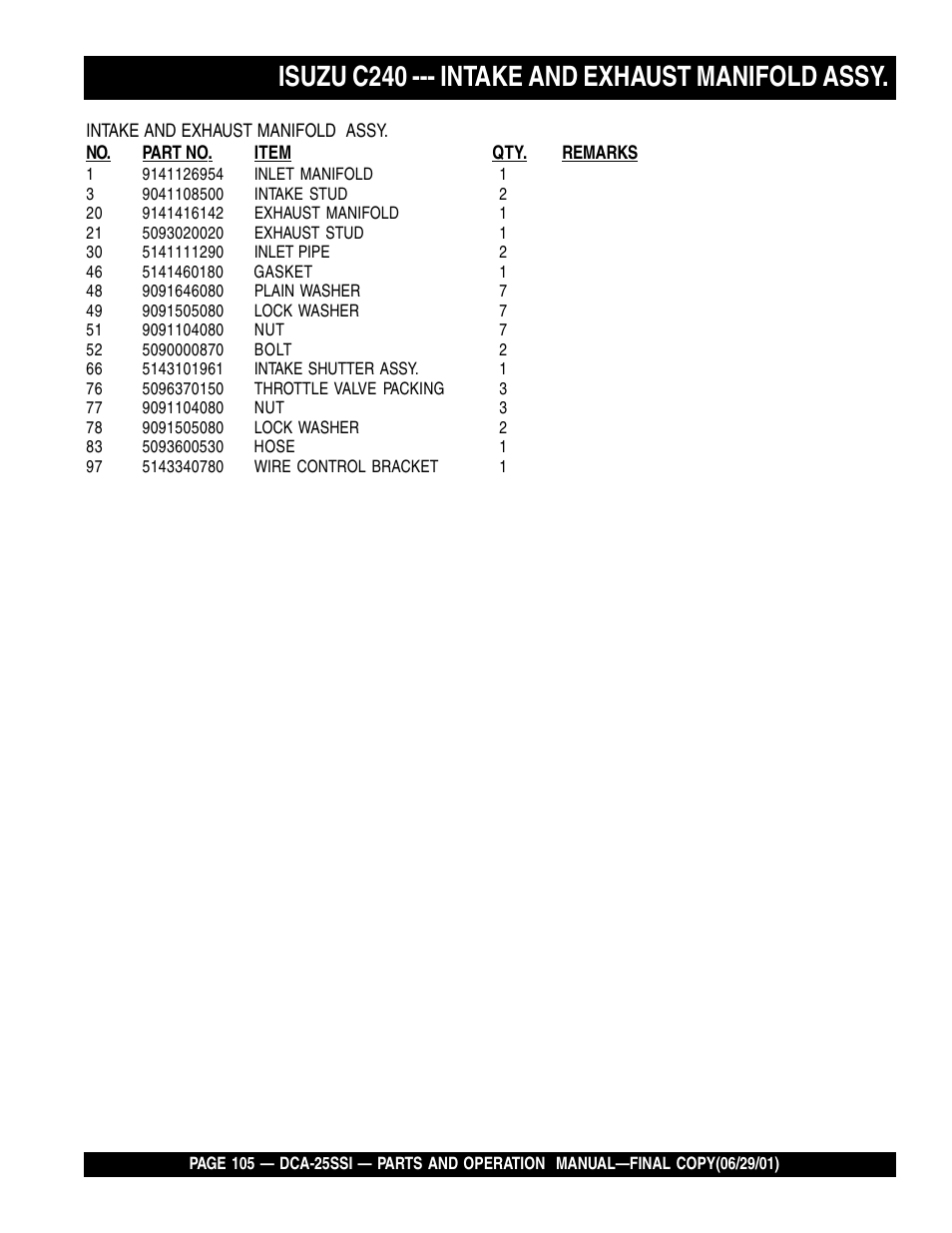 Isuzu c240 --- intake and exhaust manifold assy | Multiquip MQ Power Whisperwatt Generator DCA-25SSI User Manual | Page 105 / 140
