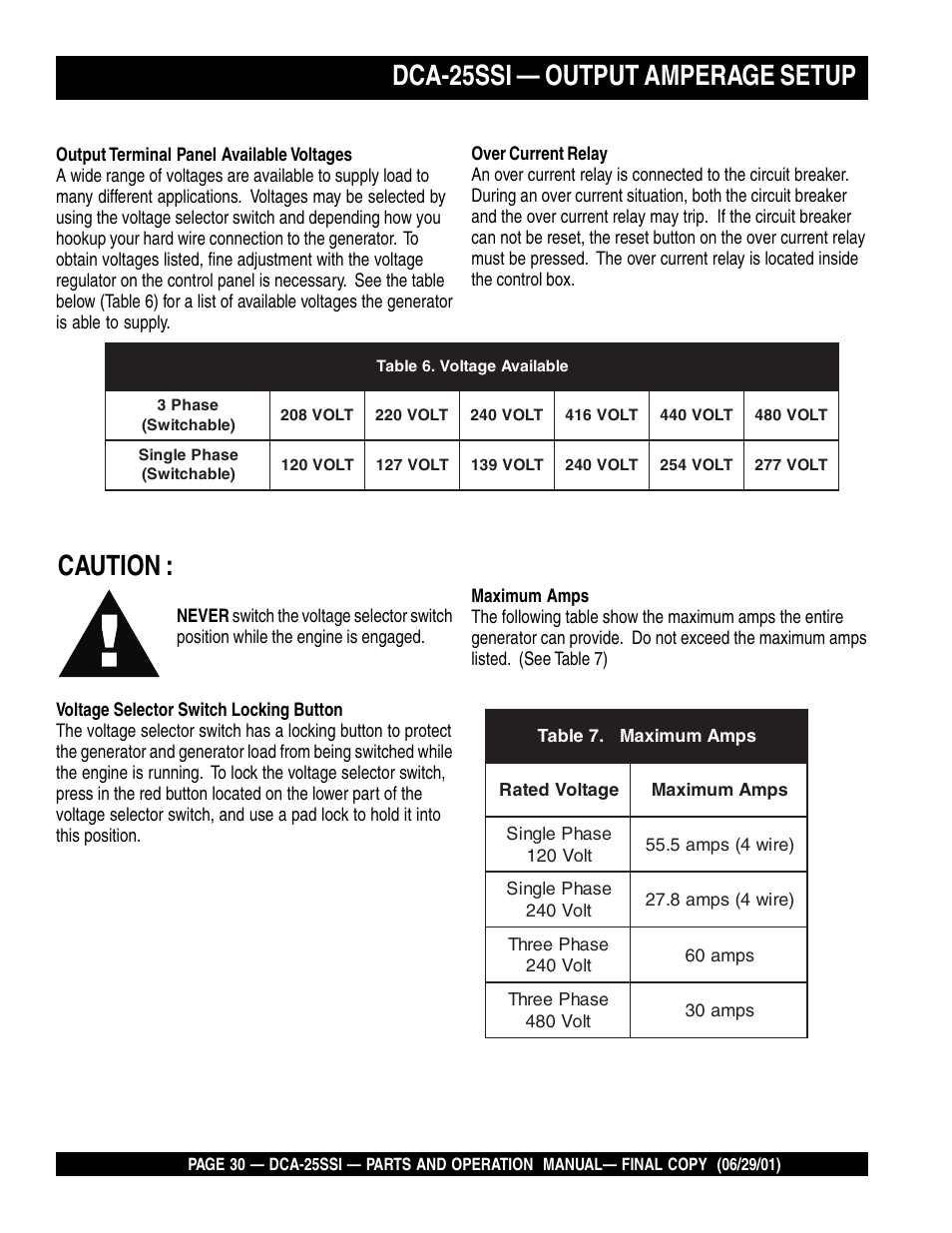 Caution, Dca-25ssi — output amperage setup | Multiquip MQ Power Whisperwatt Generator DCA-25SSI User Manual | Page 30 / 140