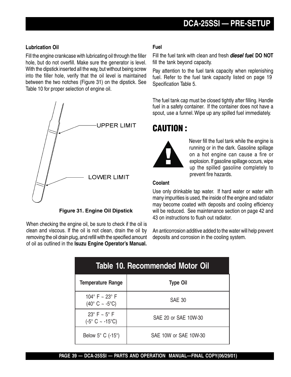 Dca-25ssi — pre-setup, Caution | Multiquip MQ Power Whisperwatt Generator DCA-25SSI User Manual | Page 39 / 140