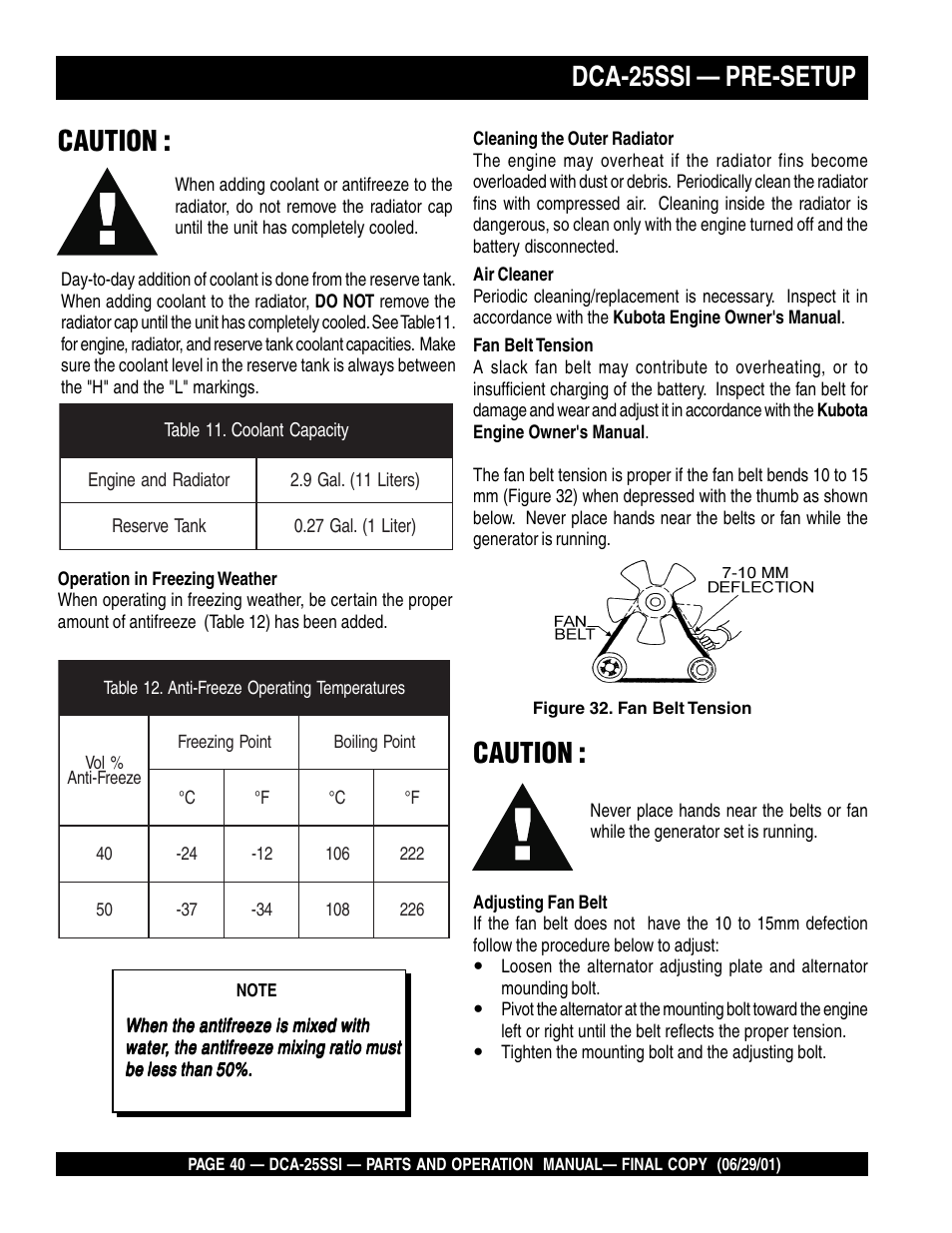 Dca-25ssi — pre-setup, Caution | Multiquip MQ Power Whisperwatt Generator DCA-25SSI User Manual | Page 40 / 140