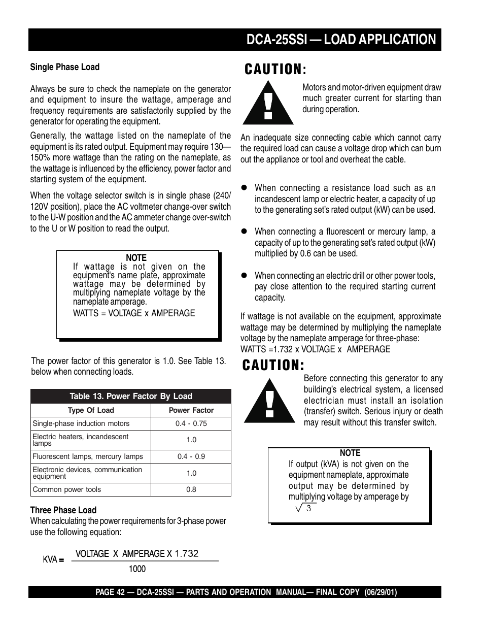 Dca-25ssi — load application, Caution | Multiquip MQ Power Whisperwatt Generator DCA-25SSI User Manual | Page 42 / 140