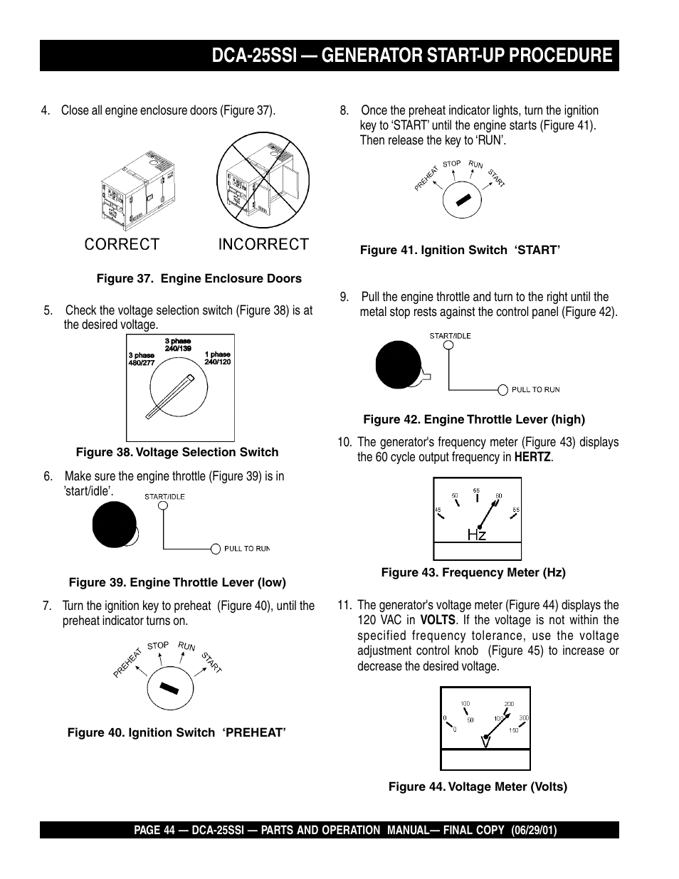 Dca-25ssi — generator start-up procedure | Multiquip MQ Power Whisperwatt Generator DCA-25SSI User Manual | Page 44 / 140