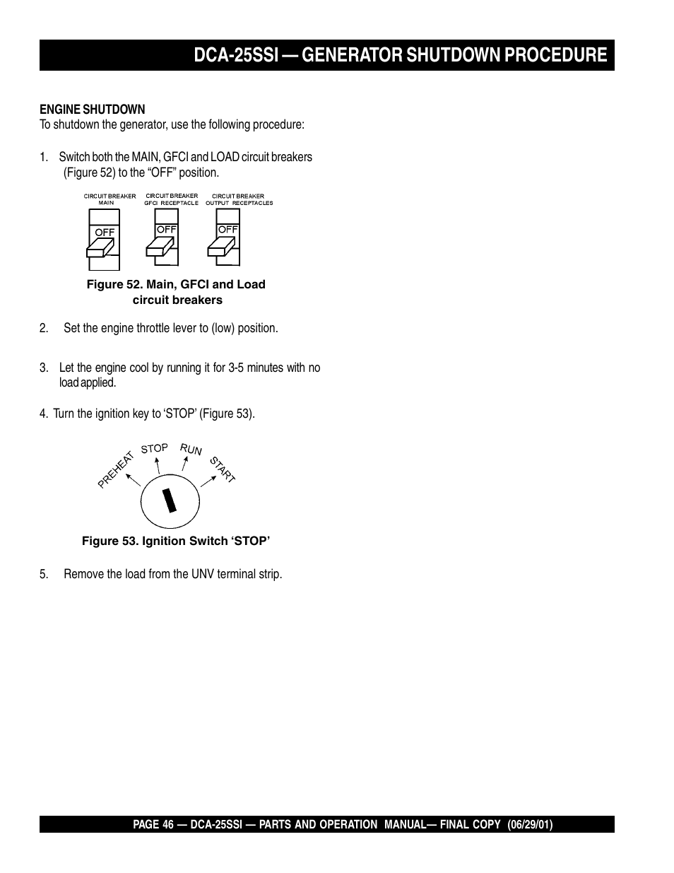 Dca-25ssi — generator shutdown procedure | Multiquip MQ Power Whisperwatt Generator DCA-25SSI User Manual | Page 46 / 140