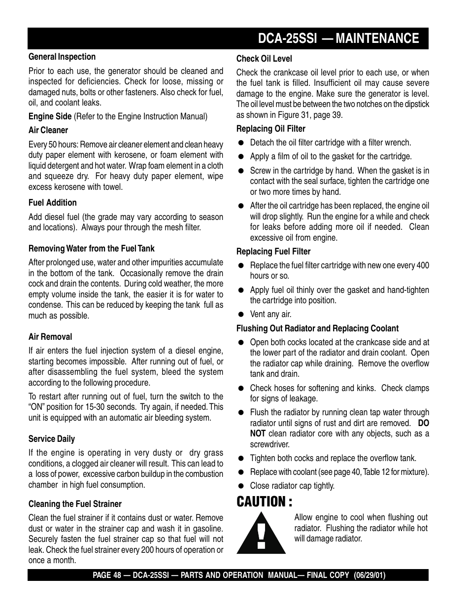Dca-25ssi — maintenance, Caution | Multiquip MQ Power Whisperwatt Generator DCA-25SSI User Manual | Page 48 / 140