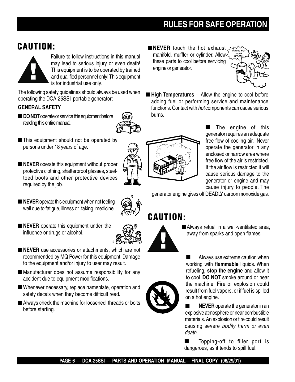 Rules for safe operation, Caution | Multiquip MQ Power Whisperwatt Generator DCA-25SSI User Manual | Page 6 / 140