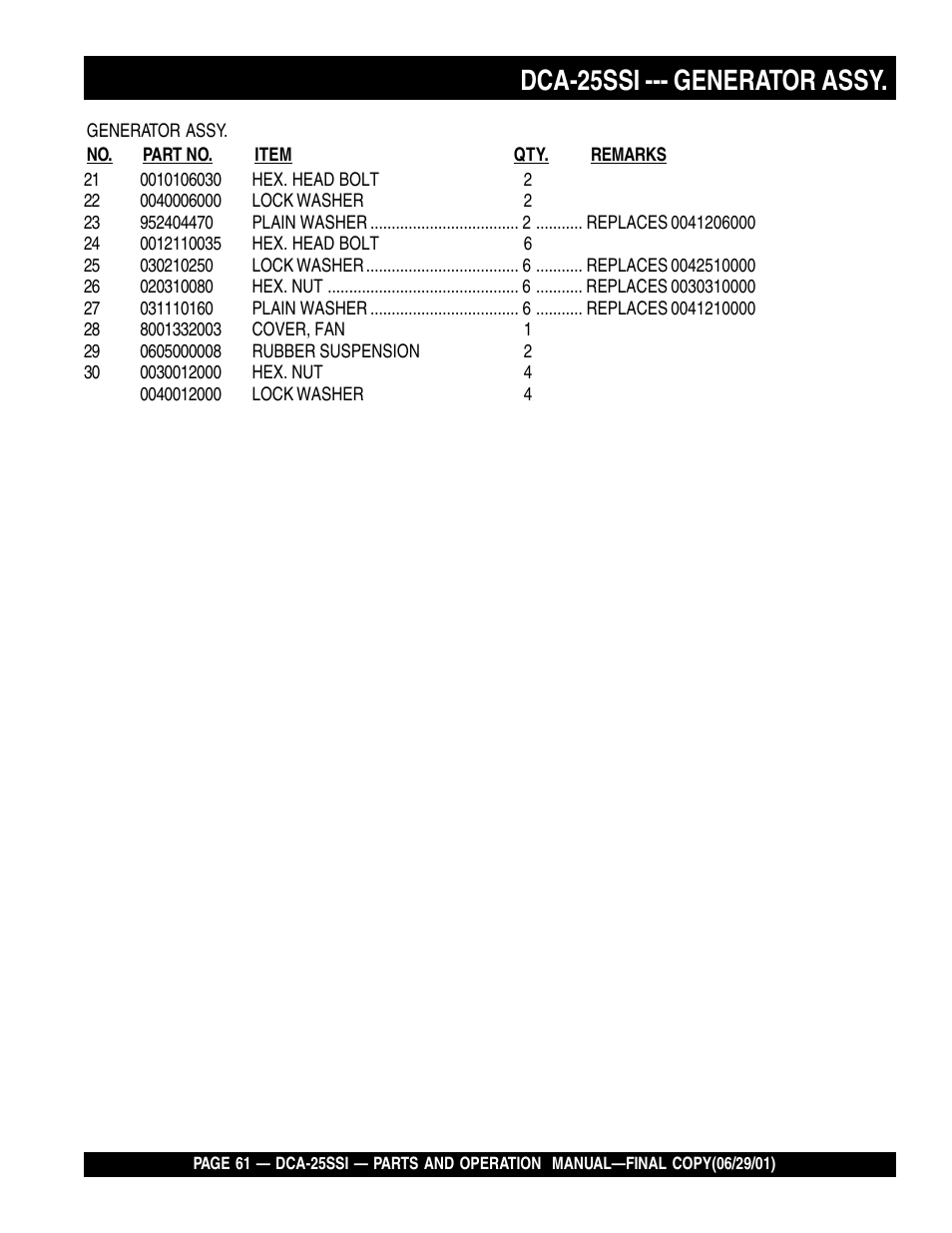Dca-25ssi --- generator assy | Multiquip MQ Power Whisperwatt Generator DCA-25SSI User Manual | Page 61 / 140