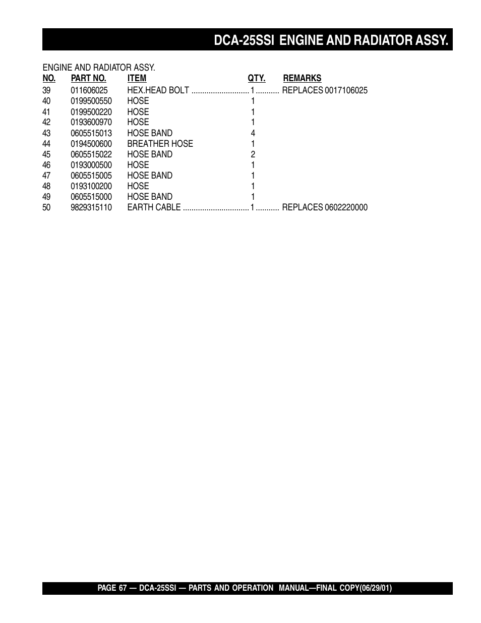 Dca-25ssi engine and radiator assy | Multiquip MQ Power Whisperwatt Generator DCA-25SSI User Manual | Page 67 / 140
