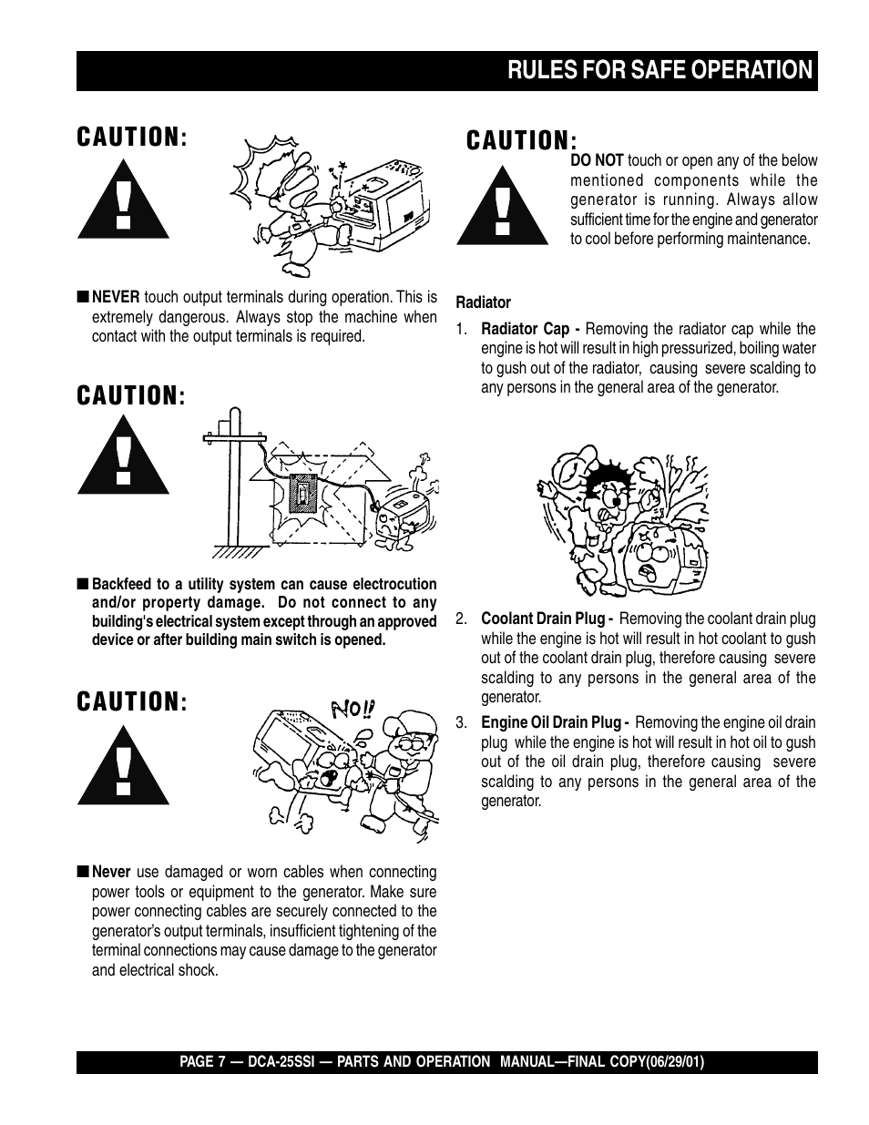 Rules for safe operation caution, Caution | Multiquip MQ Power Whisperwatt Generator DCA-25SSI User Manual | Page 7 / 140