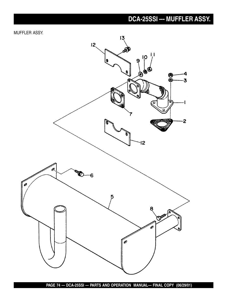 Dca-25ssi --- muffler assy | Multiquip MQ Power Whisperwatt Generator DCA-25SSI User Manual | Page 74 / 140