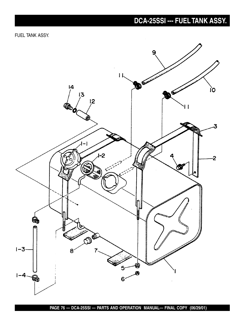 Dca-25ssi --- fuel tank assy | Multiquip MQ Power Whisperwatt Generator DCA-25SSI User Manual | Page 76 / 140