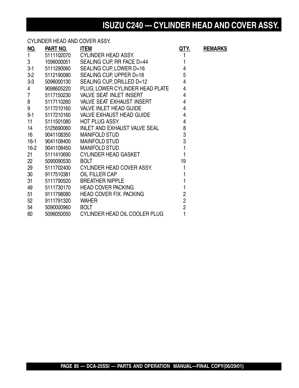 Isuzu c240 --- cylinder head and cover assy | Multiquip MQ Power Whisperwatt Generator DCA-25SSI User Manual | Page 85 / 140