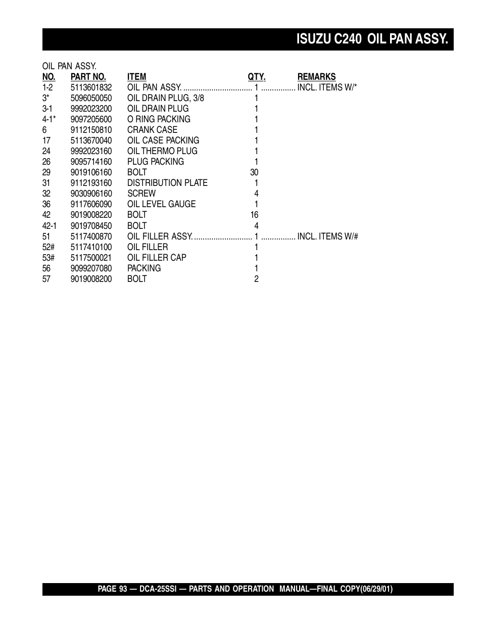 Isuzu c240 oil pan assy | Multiquip MQ Power Whisperwatt Generator DCA-25SSI User Manual | Page 93 / 140