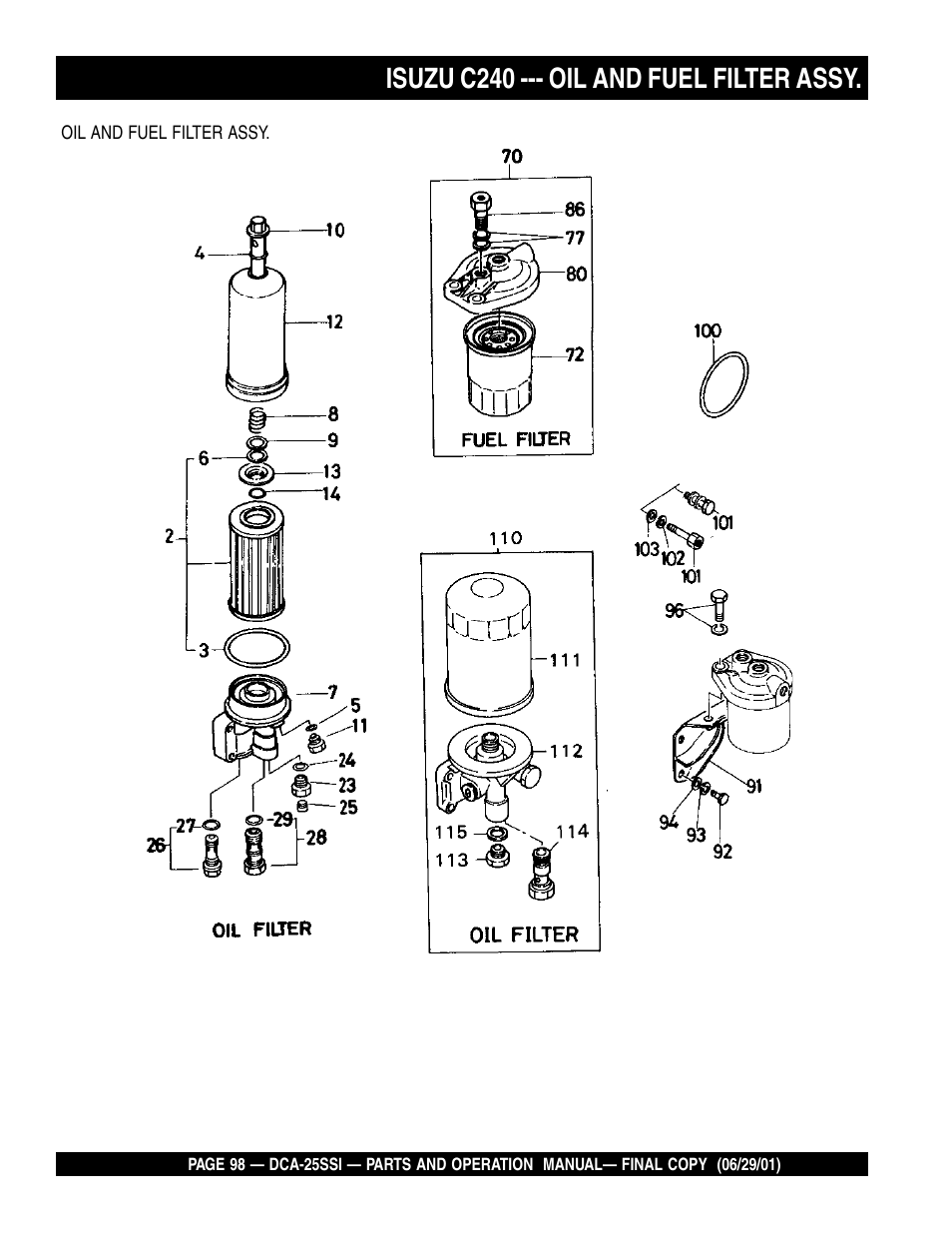 Isuzu c240 --- oil and fuel filter assy | Multiquip MQ Power Whisperwatt Generator DCA-25SSI User Manual | Page 98 / 140