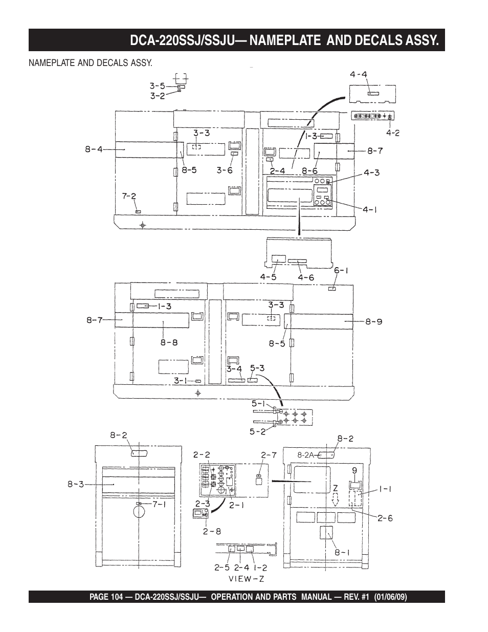 Dca-220ssj/ssju— nameplate and decals assy | Multiquip MQ Power Whisperwatt 50 Hz Generator DCA-220SSJ User Manual | Page 104 / 108