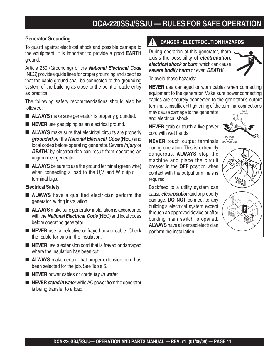 1dca-220ssj/ssju — rules for safe operation | Multiquip MQ Power Whisperwatt 50 Hz Generator DCA-220SSJ User Manual | Page 11 / 108