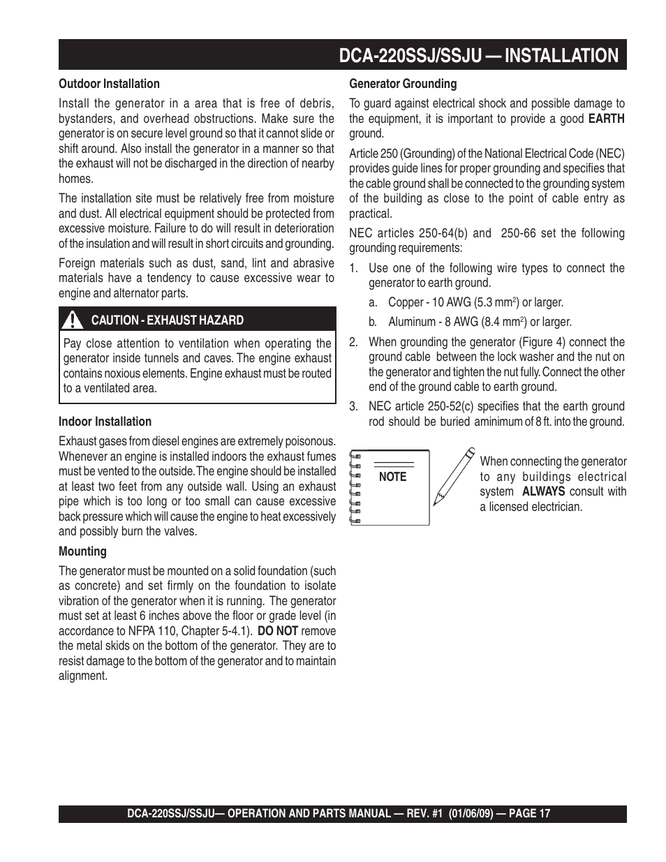 Dca-220ssj/ssju — installation | Multiquip MQ Power Whisperwatt 50 Hz Generator DCA-220SSJ User Manual | Page 17 / 108
