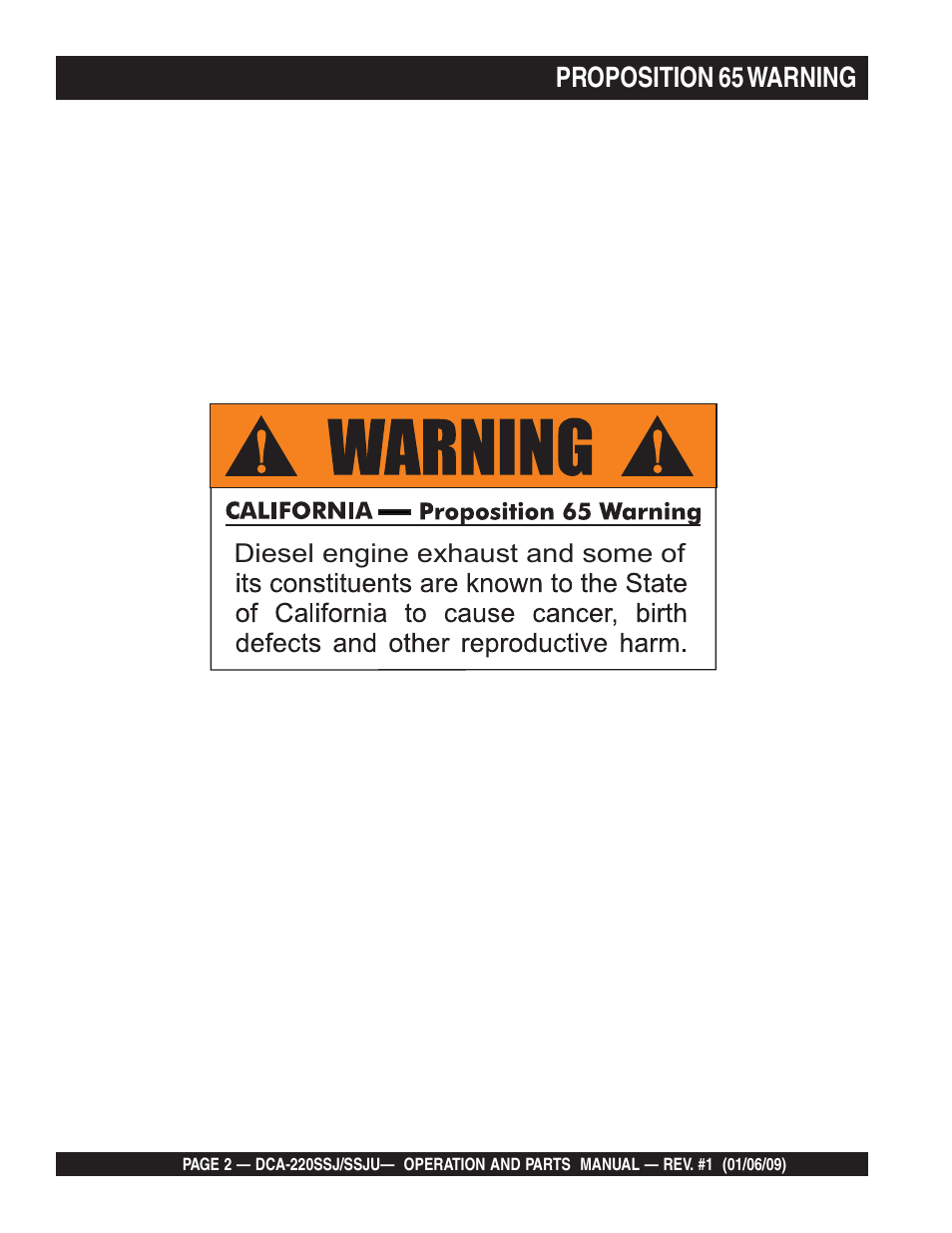 Proposition 65 warning | Multiquip MQ Power Whisperwatt 50 Hz Generator DCA-220SSJ User Manual | Page 2 / 108