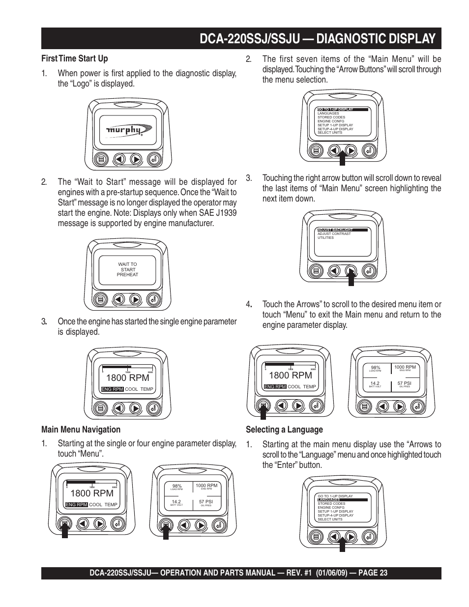 Dca-220ssj/ssju — diagnostic display, 1800 rpm | Multiquip MQ Power Whisperwatt 50 Hz Generator DCA-220SSJ User Manual | Page 23 / 108