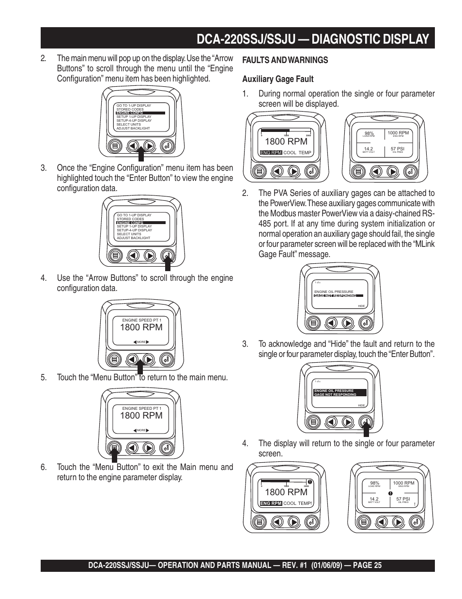 Dca-220ssj/ssju — diagnostic display, 1800 rpm | Multiquip MQ Power Whisperwatt 50 Hz Generator DCA-220SSJ User Manual | Page 25 / 108