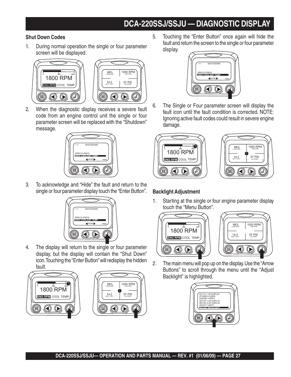 Dca-220ssj/ssju — diagnostic display, 1800 rpm | Multiquip MQ Power Whisperwatt 50 Hz Generator DCA-220SSJ User Manual | Page 27 / 108