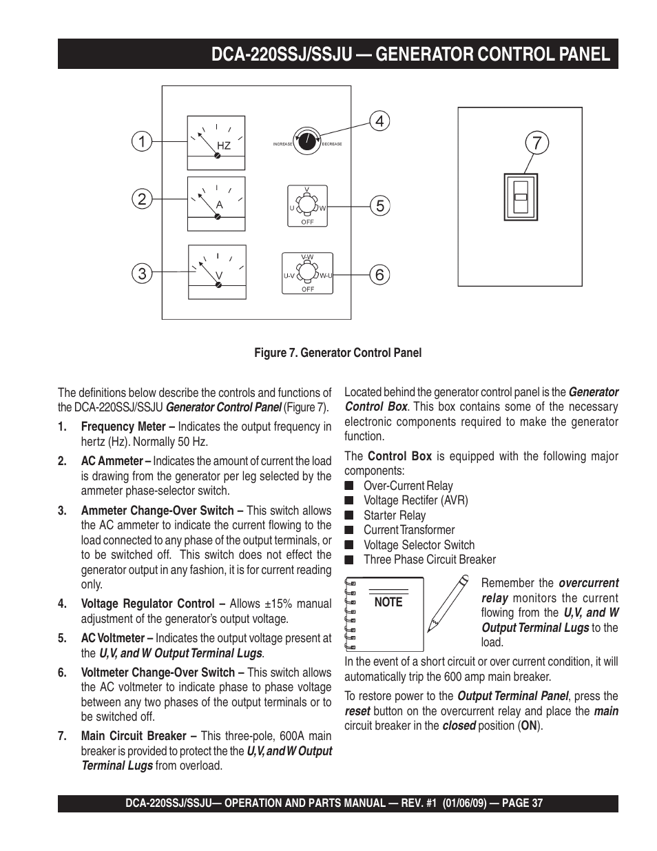 1dca-220ssj/ssju — generator control panel | Multiquip MQ Power Whisperwatt 50 Hz Generator DCA-220SSJ User Manual | Page 37 / 108