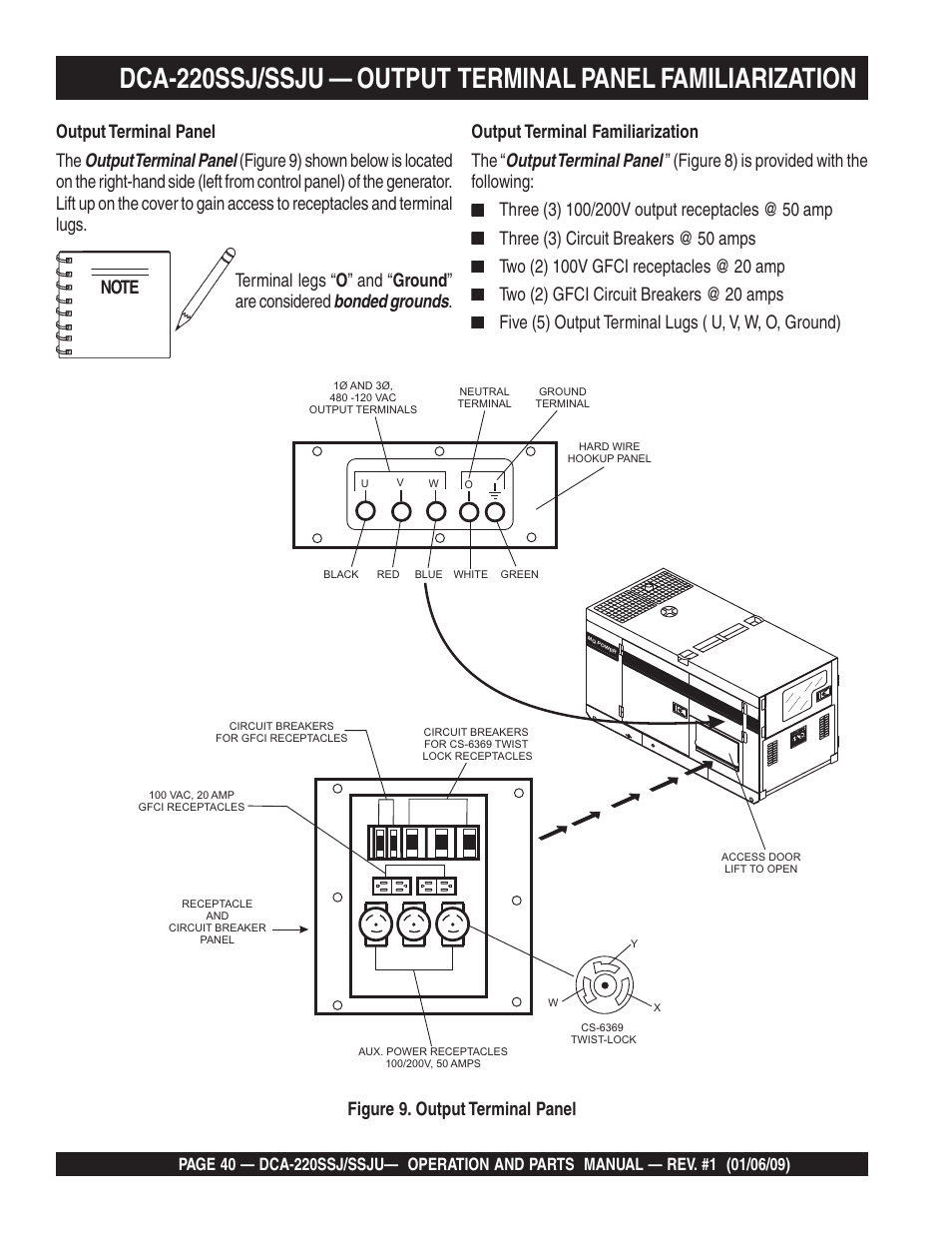 Three (3) circuit breakers @ 50 amps, Two (2) gfci circuit breakers @ 20 amps | Multiquip MQ Power Whisperwatt 50 Hz Generator DCA-220SSJ User Manual | Page 40 / 108