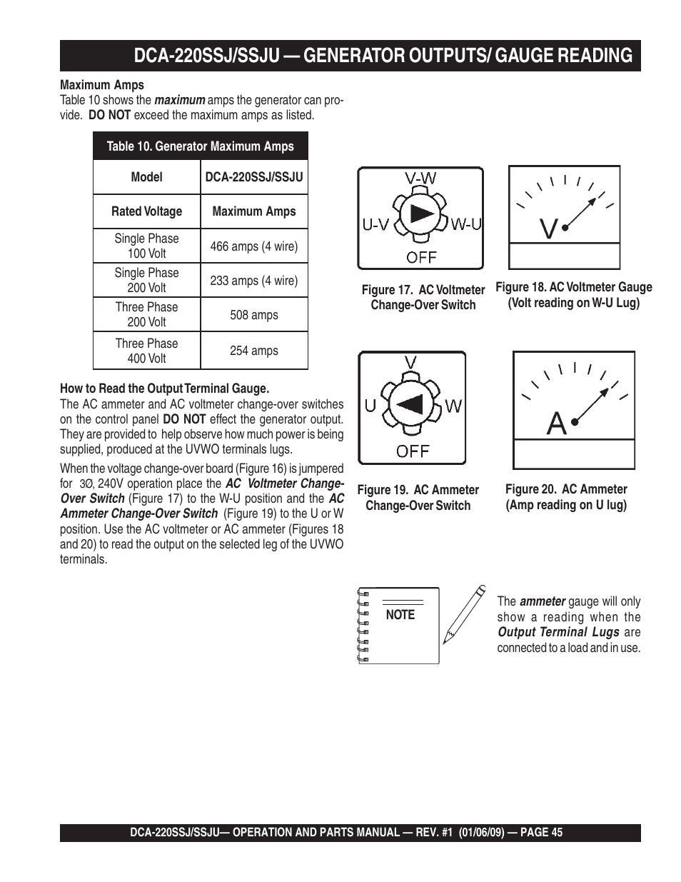 Dca-220ssj/ssju — generator outputs/ gauge reading | Multiquip MQ Power Whisperwatt 50 Hz Generator DCA-220SSJ User Manual | Page 45 / 108