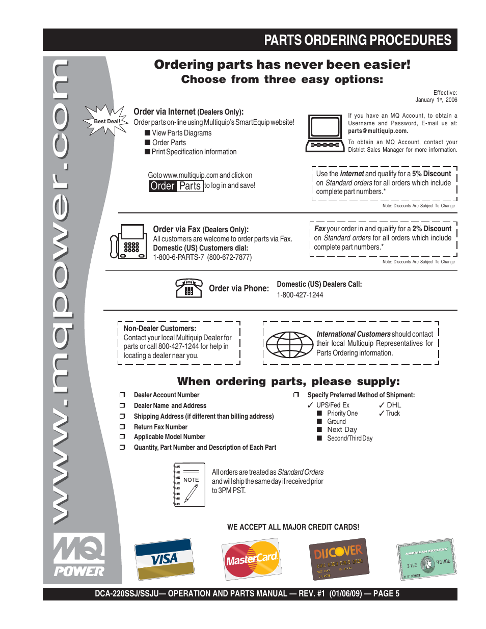 1parts ordering procedures, Ordering parts has never been easier, Choose from three easy options | When ordering parts, please supply, Order parts | Multiquip MQ Power Whisperwatt 50 Hz Generator DCA-220SSJ User Manual | Page 5 / 108