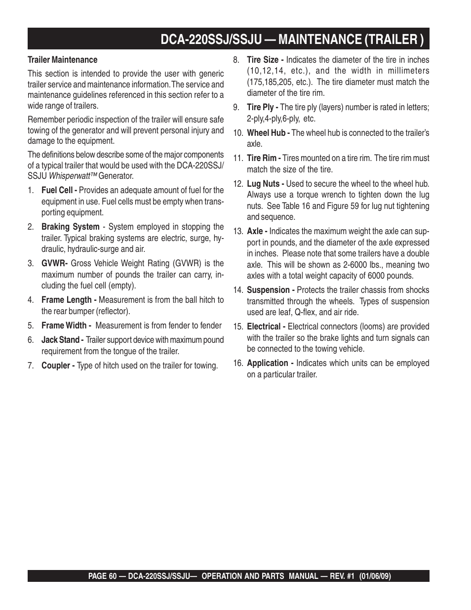 Dca-220ssj/ssju — maintenance (trailer ) | Multiquip MQ Power Whisperwatt 50 Hz Generator DCA-220SSJ User Manual | Page 60 / 108