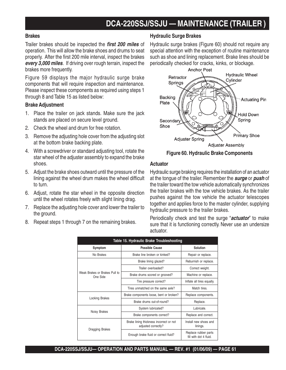 1dca-220ssj/ssju — maintenance (trailer ) | Multiquip MQ Power Whisperwatt 50 Hz Generator DCA-220SSJ User Manual | Page 61 / 108