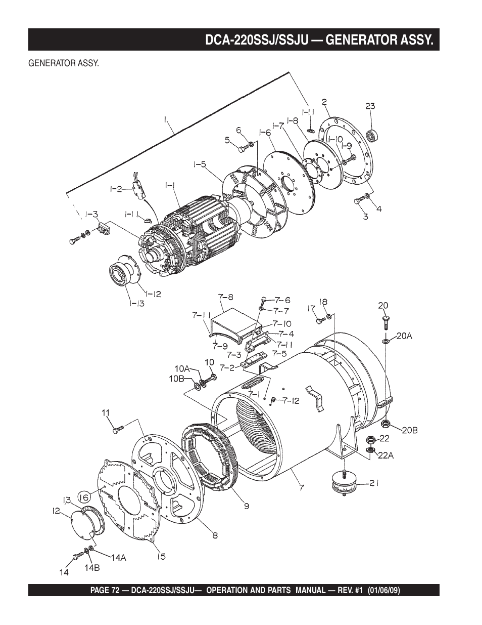 Dca-220ssj/ssju — generator assy | Multiquip MQ Power Whisperwatt 50 Hz Generator DCA-220SSJ User Manual | Page 72 / 108