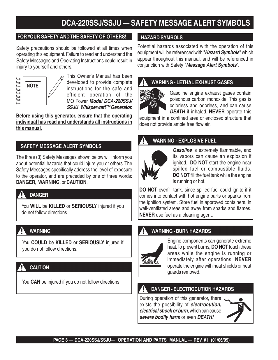 Dca-220ssj/ssju — safety message alert symbols | Multiquip MQ Power Whisperwatt 50 Hz Generator DCA-220SSJ User Manual | Page 8 / 108