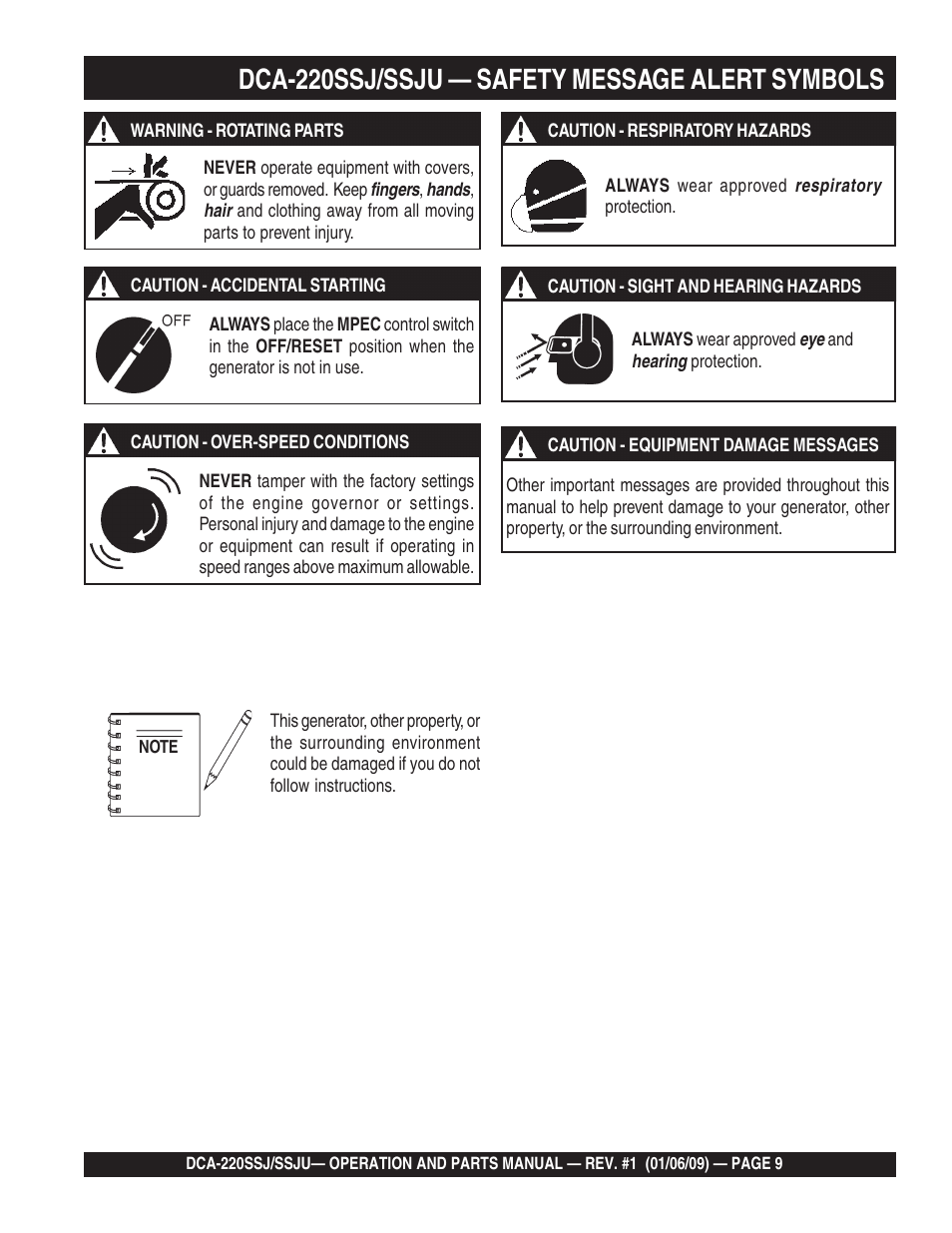 1dca-220ssj/ssju — safety message alert symbols | Multiquip MQ Power Whisperwatt 50 Hz Generator DCA-220SSJ User Manual | Page 9 / 108