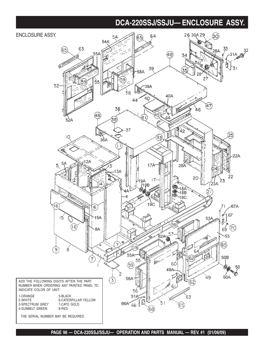 Dca-220ssj/ssju— enclosure assy, Enclosure assy | Multiquip MQ Power Whisperwatt 50 Hz Generator DCA-220SSJ User Manual | Page 96 / 108