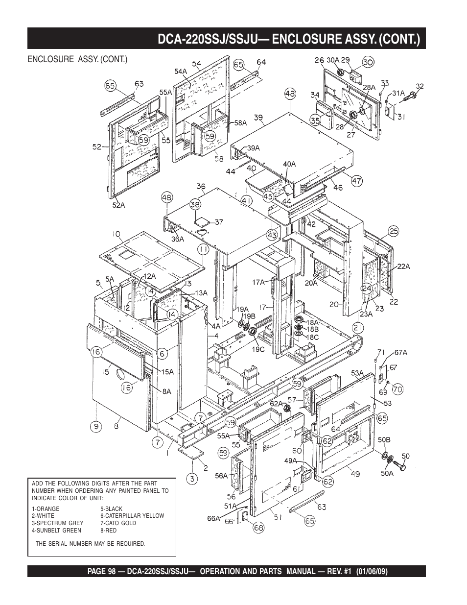 Dca-220ssj/ssju— enclosure assy. (cont.), Enclosure assy. (cont.) | Multiquip MQ Power Whisperwatt 50 Hz Generator DCA-220SSJ User Manual | Page 98 / 108