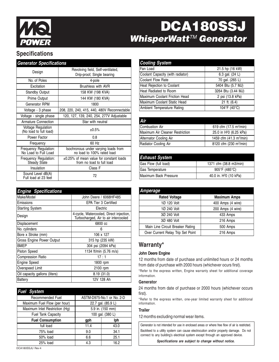 Dca180ssj, Whisperwatt, Generator | Specifications warranty | Multiquip WhisperWattTM Generator DCA180SSJ User Manual | Page 2 / 4