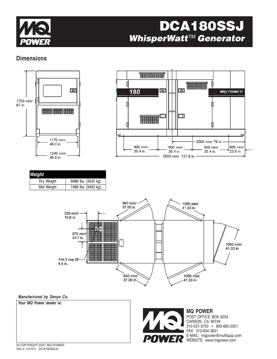 Dca180ssj, Whisperwatt, Generator | Multiquip WhisperWattTM Generator DCA180SSJ User Manual | Page 4 / 4