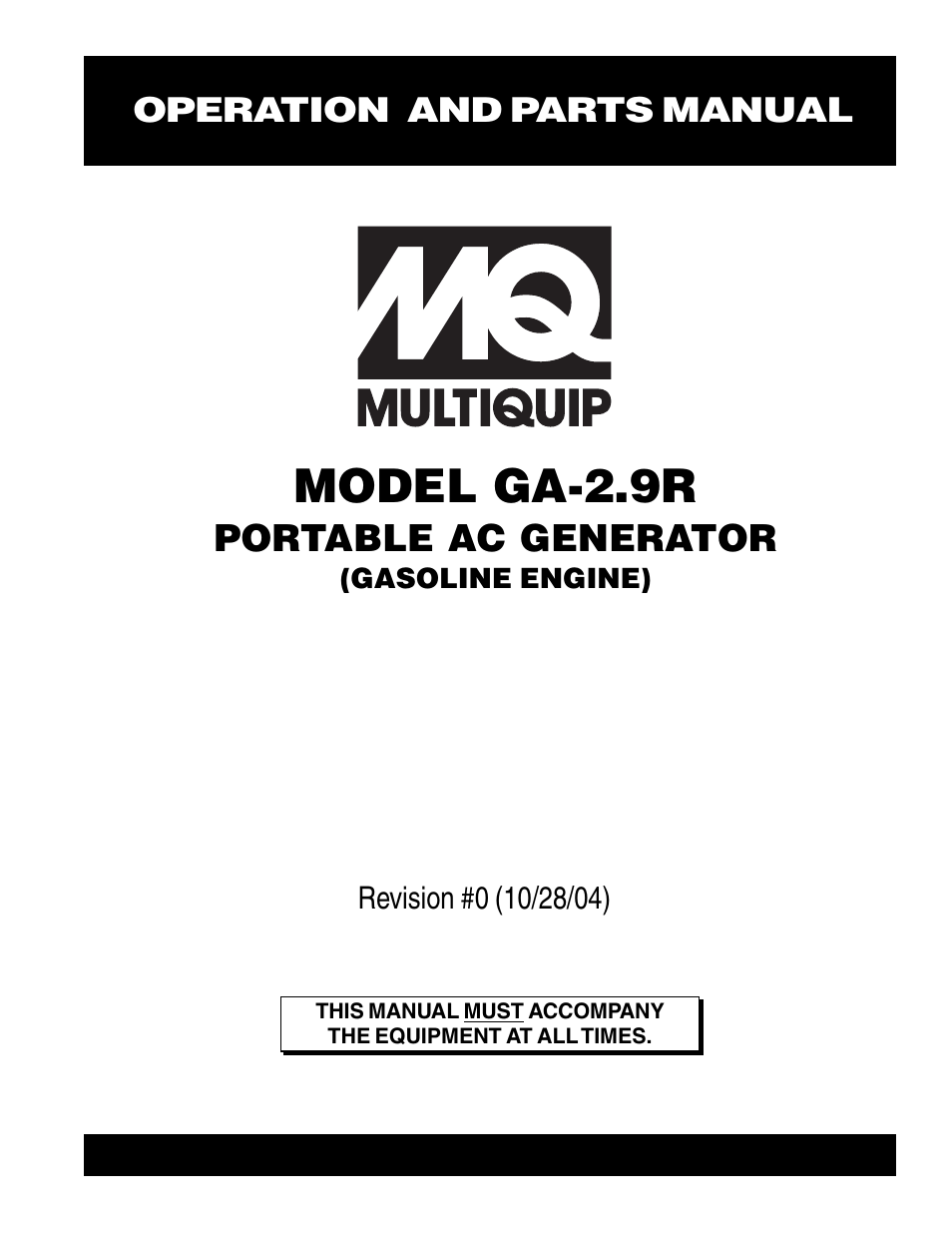 Multiquip Portabe AC Generator (Gasoline Engine) GA-2.9R User Manual | 62 pages