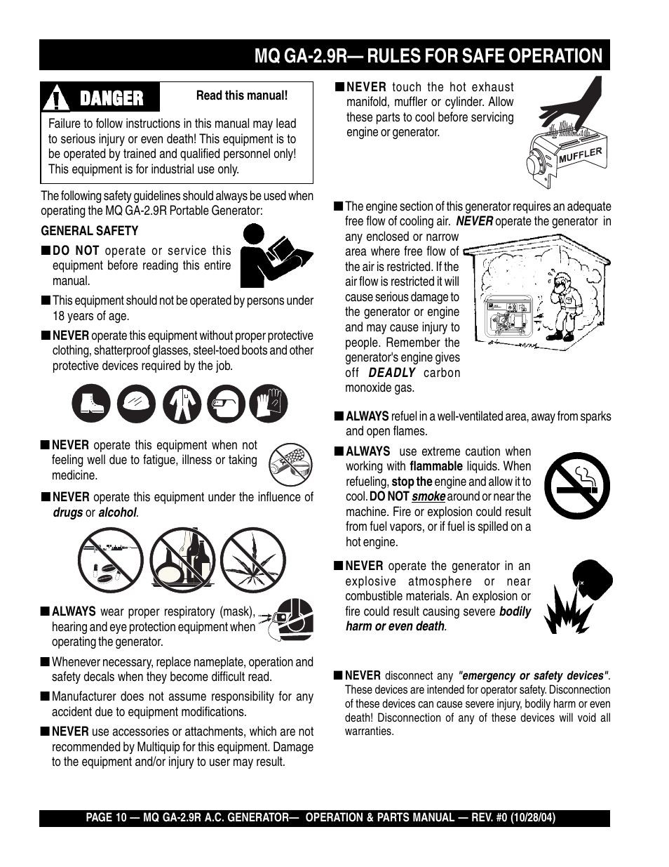 Mq ga-2.9r— rules for safe operation, Danger | Multiquip Portabe AC Generator (Gasoline Engine) GA-2.9R User Manual | Page 10 / 62