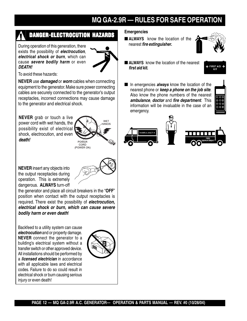 Mq ga-2.9r — rules for safe operation | Multiquip Portabe AC Generator (Gasoline Engine) GA-2.9R User Manual | Page 12 / 62